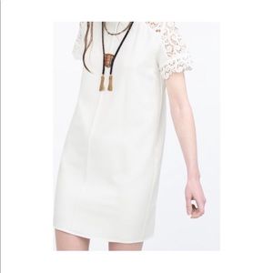 Zara women white lace shoulder shift dress 🤍